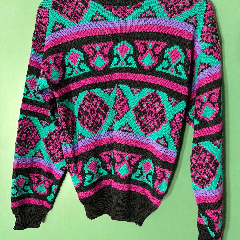 Sasson Vintage Geometric Knit Sweater Pink Teal Purple XL